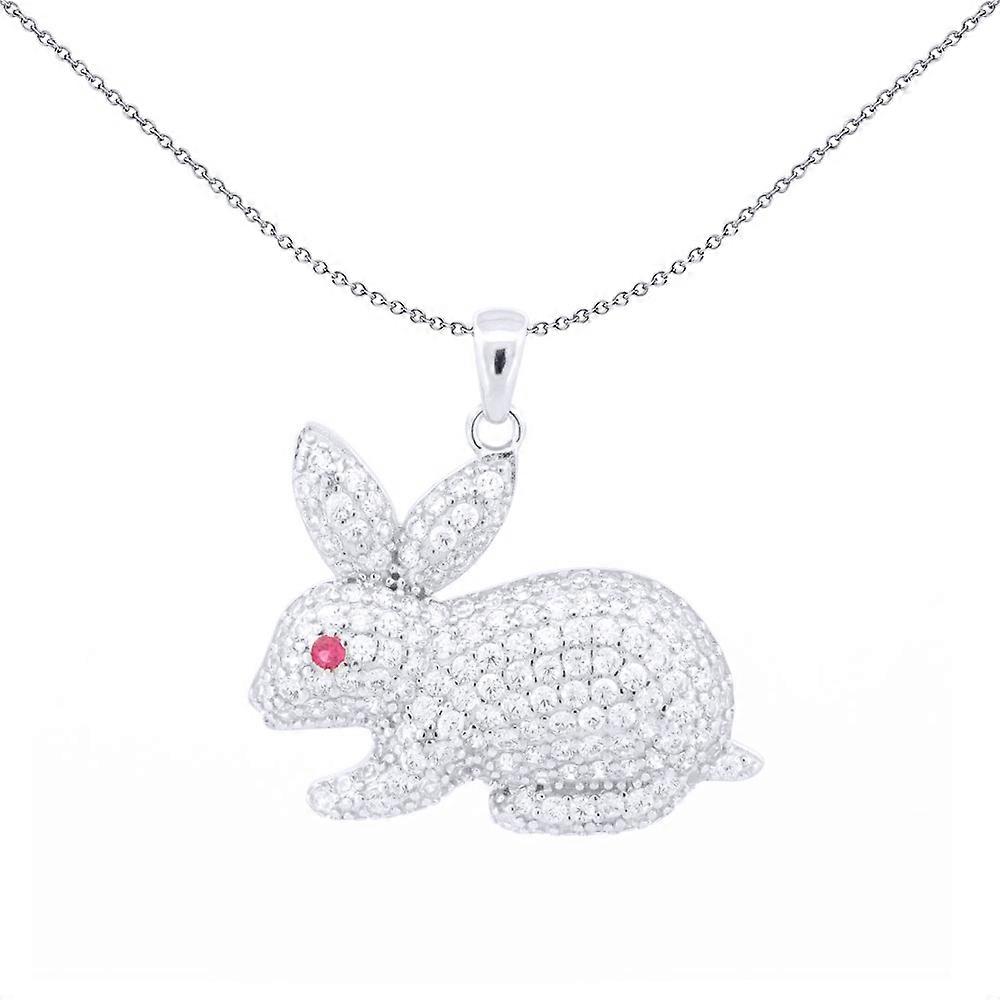 Jewelco London Rhodium Silver Red Round Brilliant CZ Fluffy Bunny Rabbit Charm Pendant