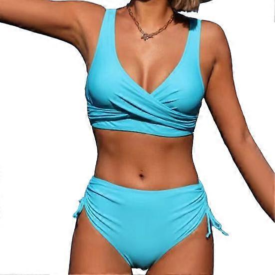 2Pcs/Set Women Summer Bikini Set V-Neck Sleeveless Bra High Waist Side Drawstring Briefs Set Tummy Control