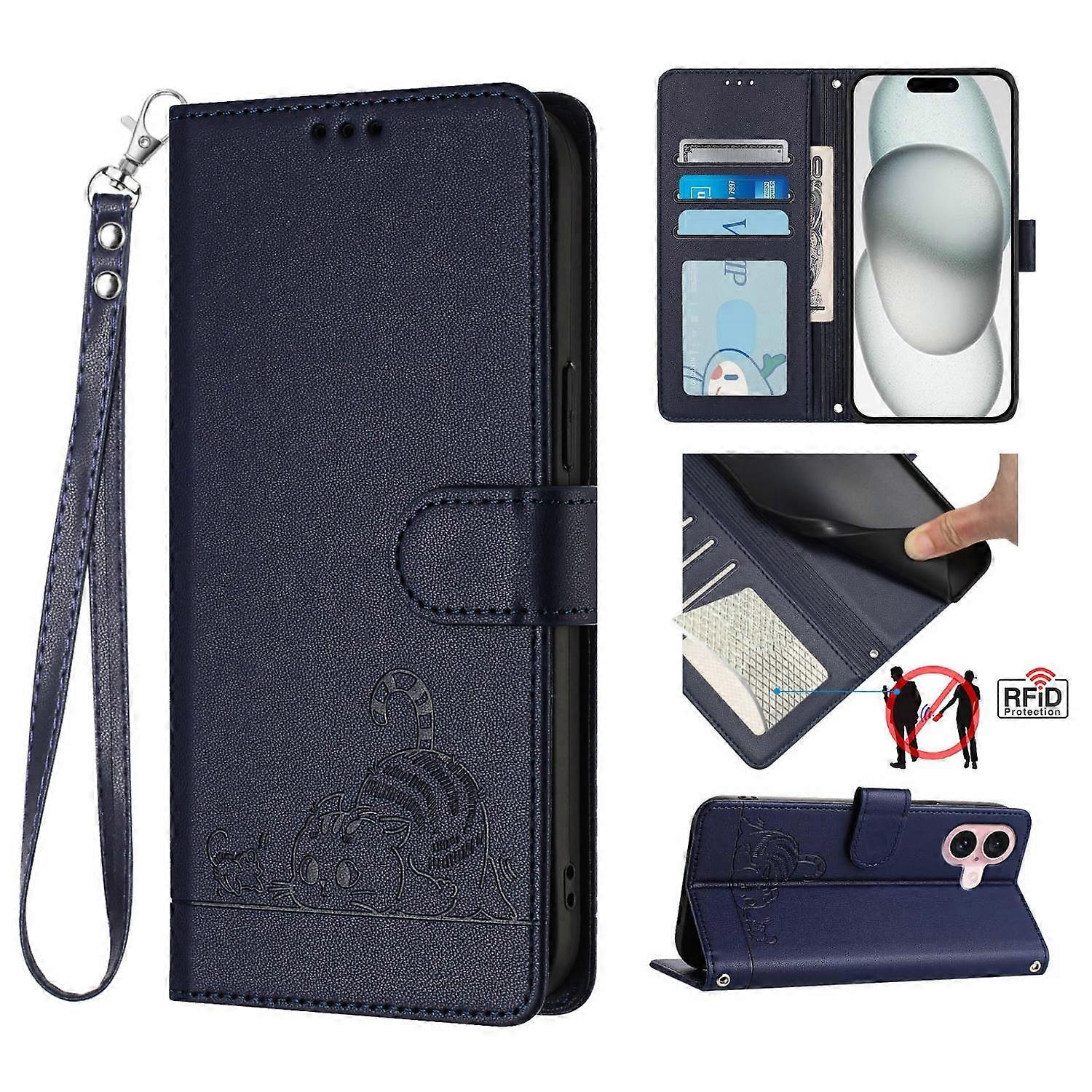 For iPhone 16 Case with Strap RFID Blocking Leather Wallet Phone Cover Cat Mouse Pattern-Sapphire
