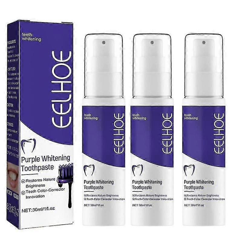 3個パープルブライトニング歯磨き粉デンタルクリーニングケア臭いを取り除き、汚れを白くする黄色の歯の新鮮な息