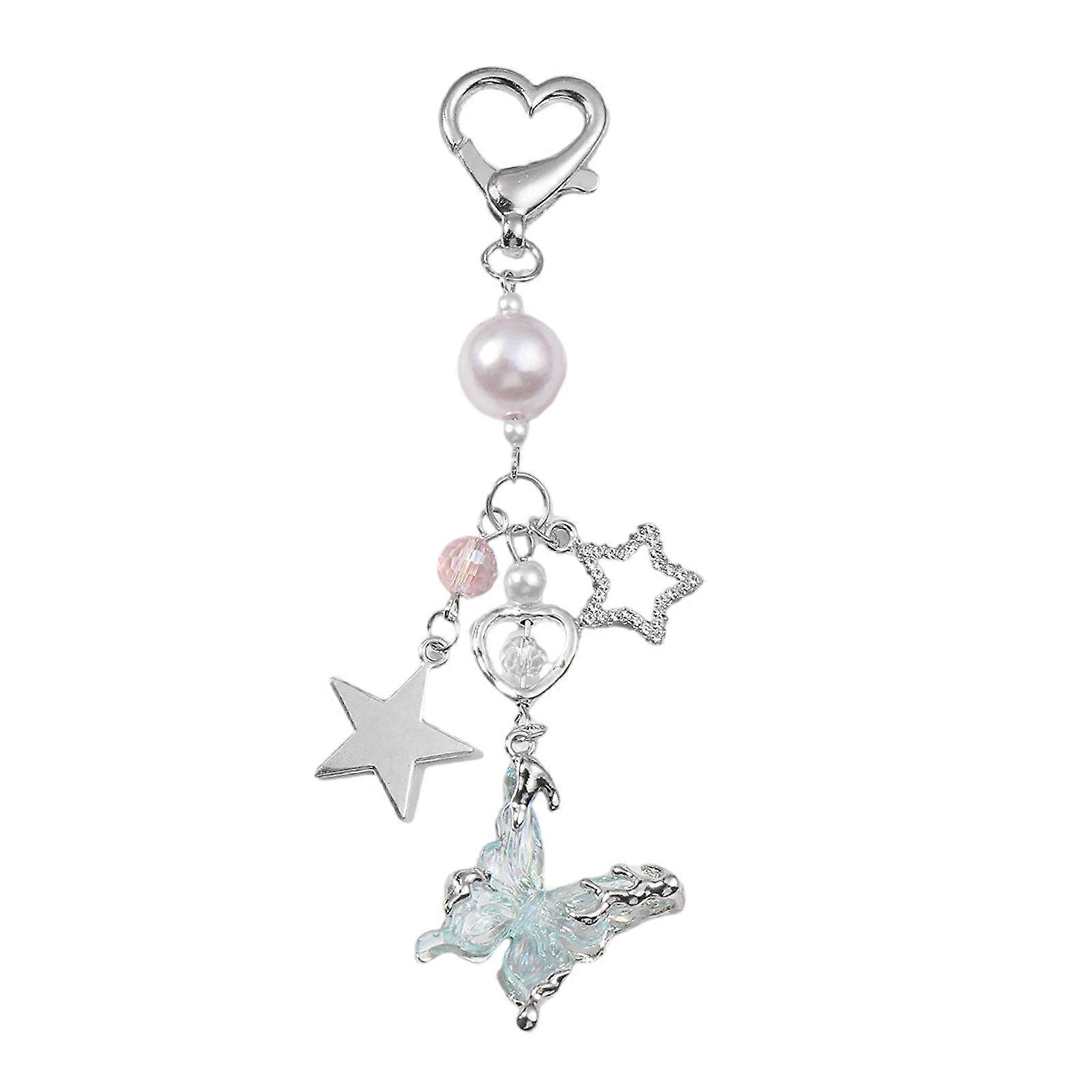 Trendy Beaded Keychain Butterfly Star Heart Charm Key Holder with Bowknot Handmade Keyring Charm Bag Accessories