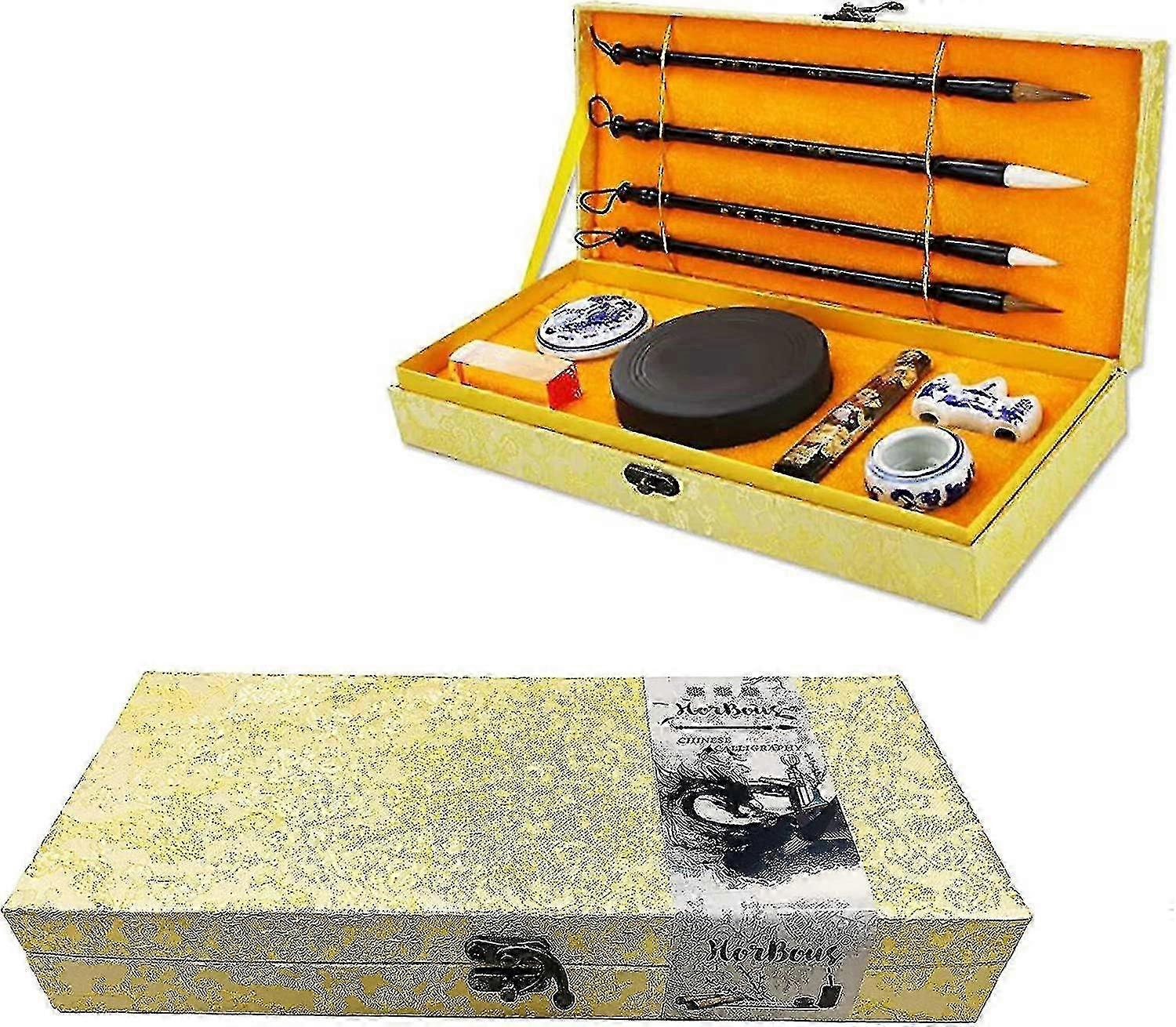 10 Pcs Chinese Calligraphy Set Inkstone + Writing And Painting Brush + Ink Block + Seal + Inkpad + Pen Rack + Water Bowl (basic)