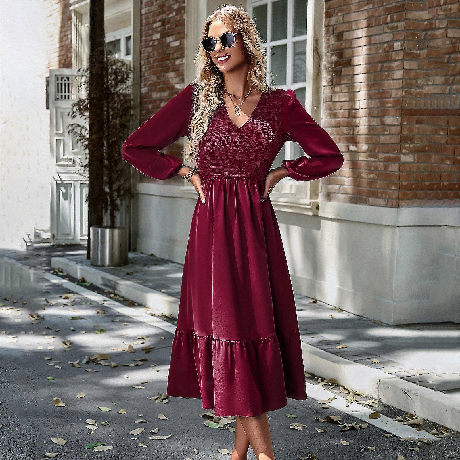V-neck solid color dress