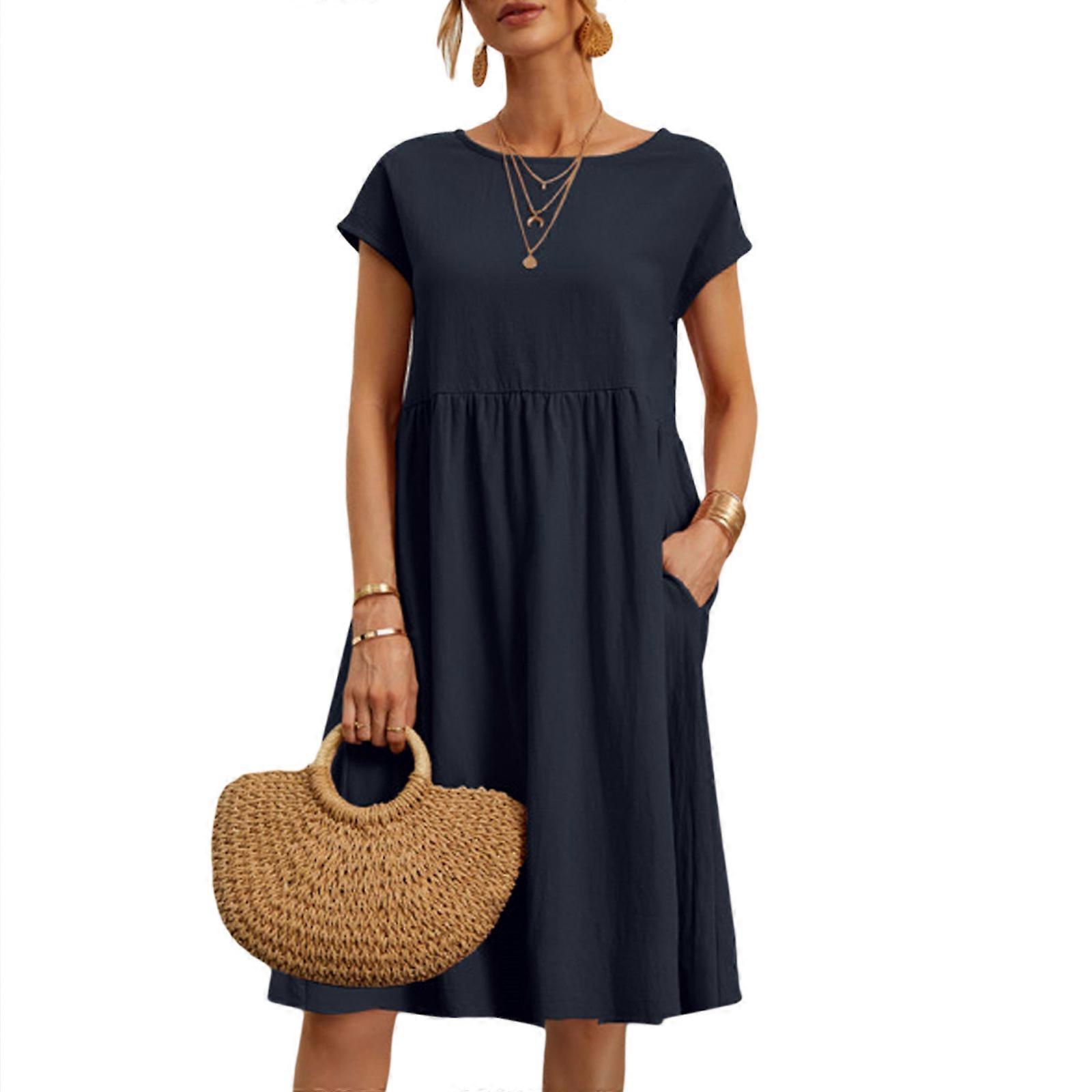 Womens Summer Casual Dress Solid Color Short Sleeve A-line Swing Beach  Dresses Crewneck Flowy Loose Dress Navy blue M | Fruugo NO