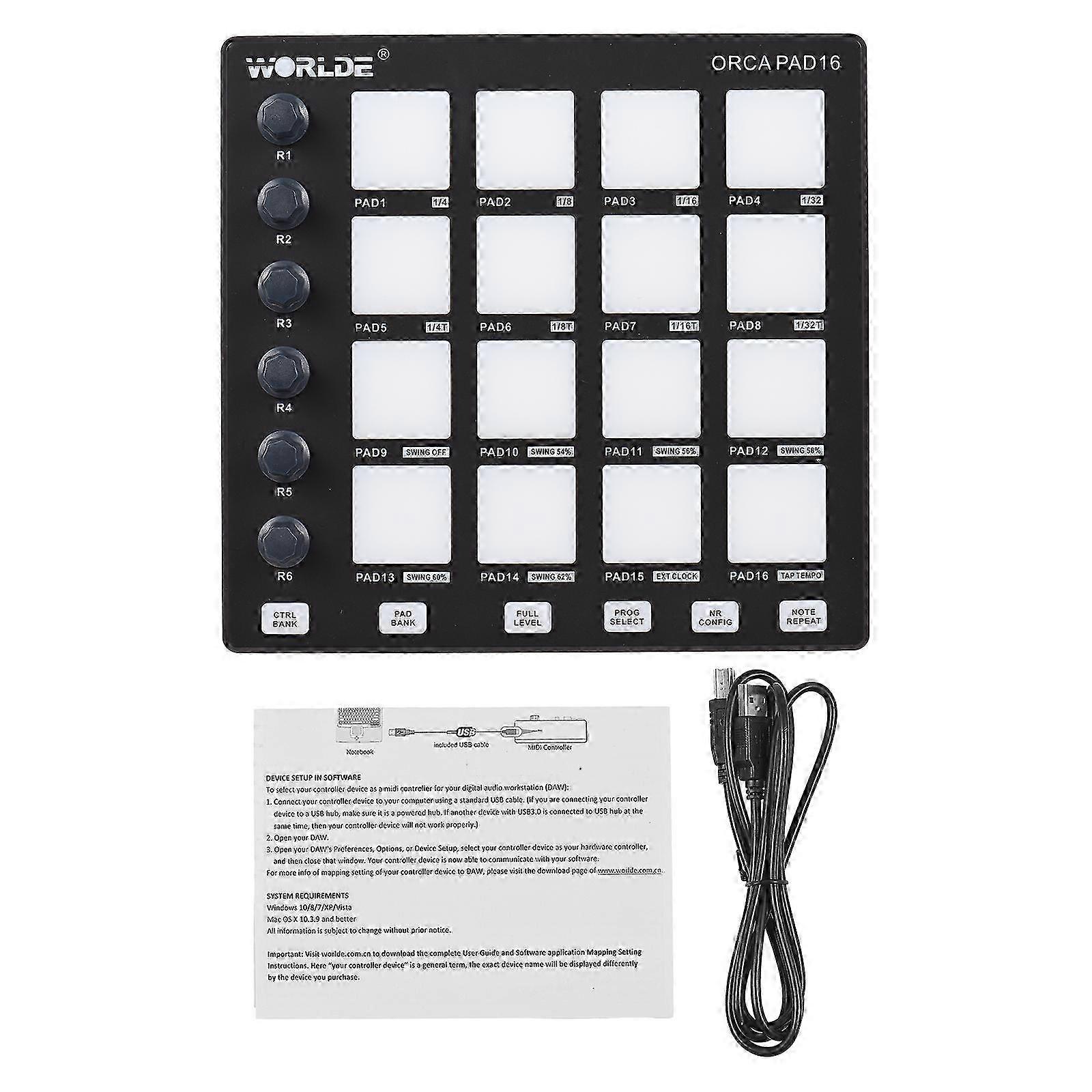 WORLDE MIDI Controller Beat Maker Machine 6 Assignable Knobs Note Repeat Full Level Buttons and Production Software Portable Mini MIDI Controller Pad 