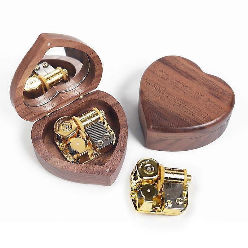 Wooden Heart Shape With Mirror Music Box Ornaments, Color: Walnut-Gold-plated Movement