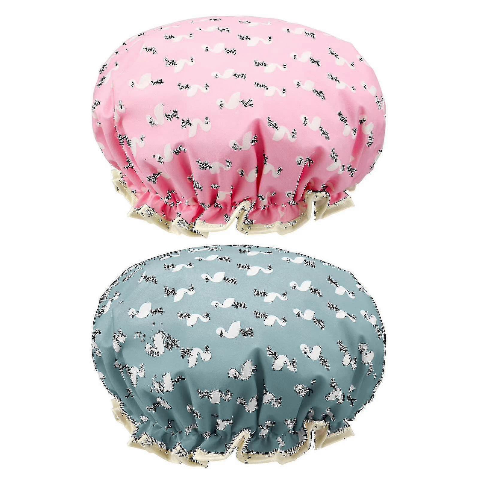 2 Packs Shower Cap Elastic Band Waterproof Bath Caps Double Layers Reusable With Ruffled Edge Covering Ears For Girls