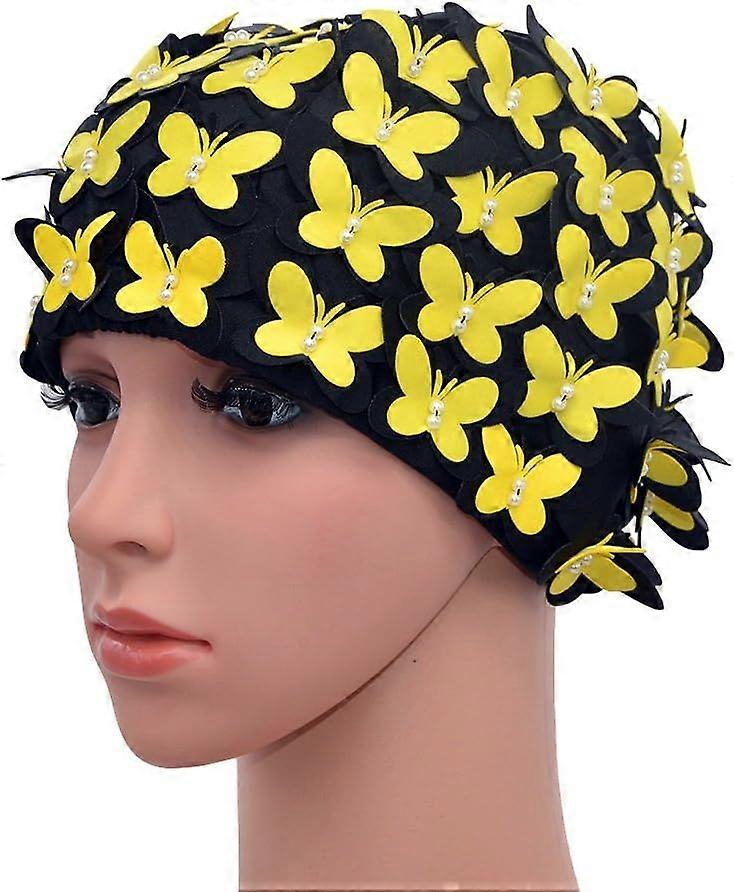 Swimming cap Sewn beaded swimming cap Retro anti-noise swimming cap (Yellow)