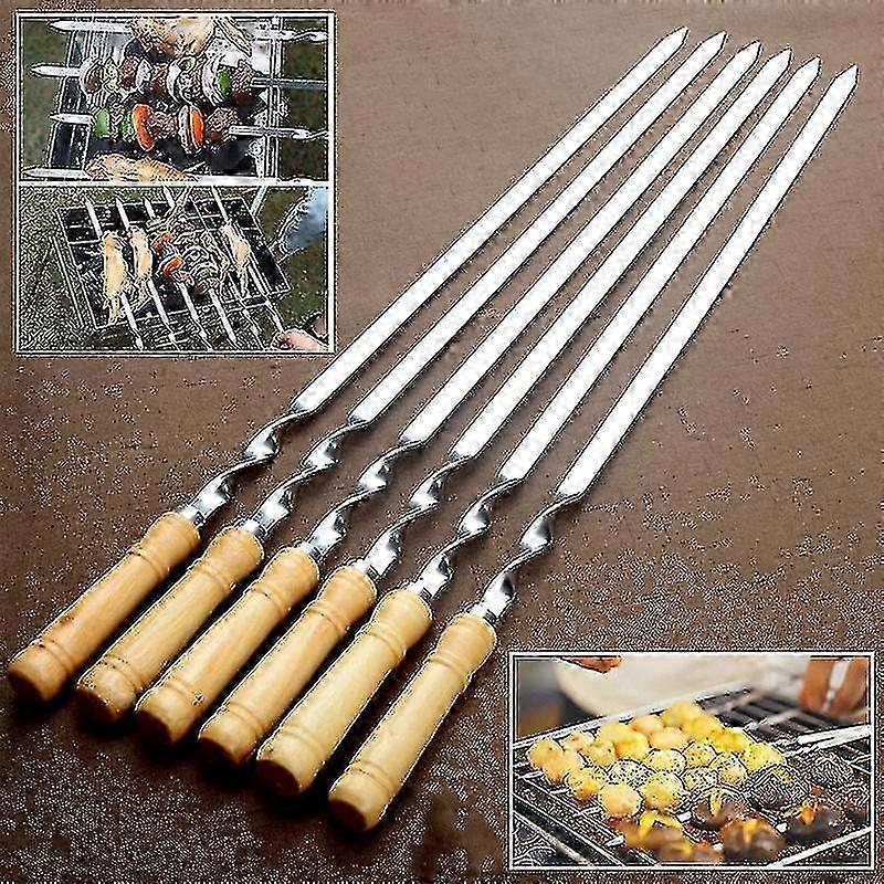 6pcs Stainless Steel Flat BBQ Skewers for Outdoor Grilling with Long Handle Barbecue Sticks