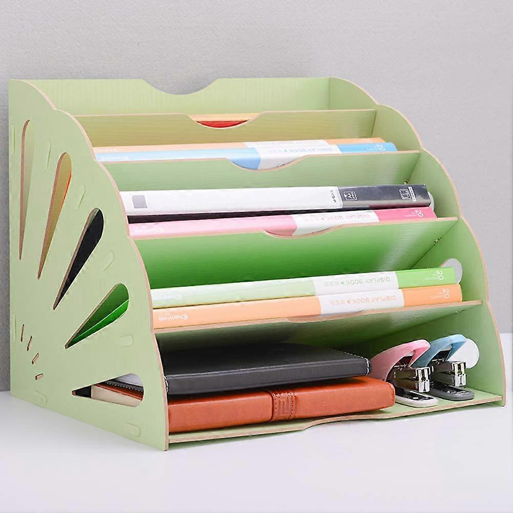 Letter Tray for Office Documents - Wooden Filing Cabinet with 5 Shelves, Organizational File Holder, Green Desktop Organizer