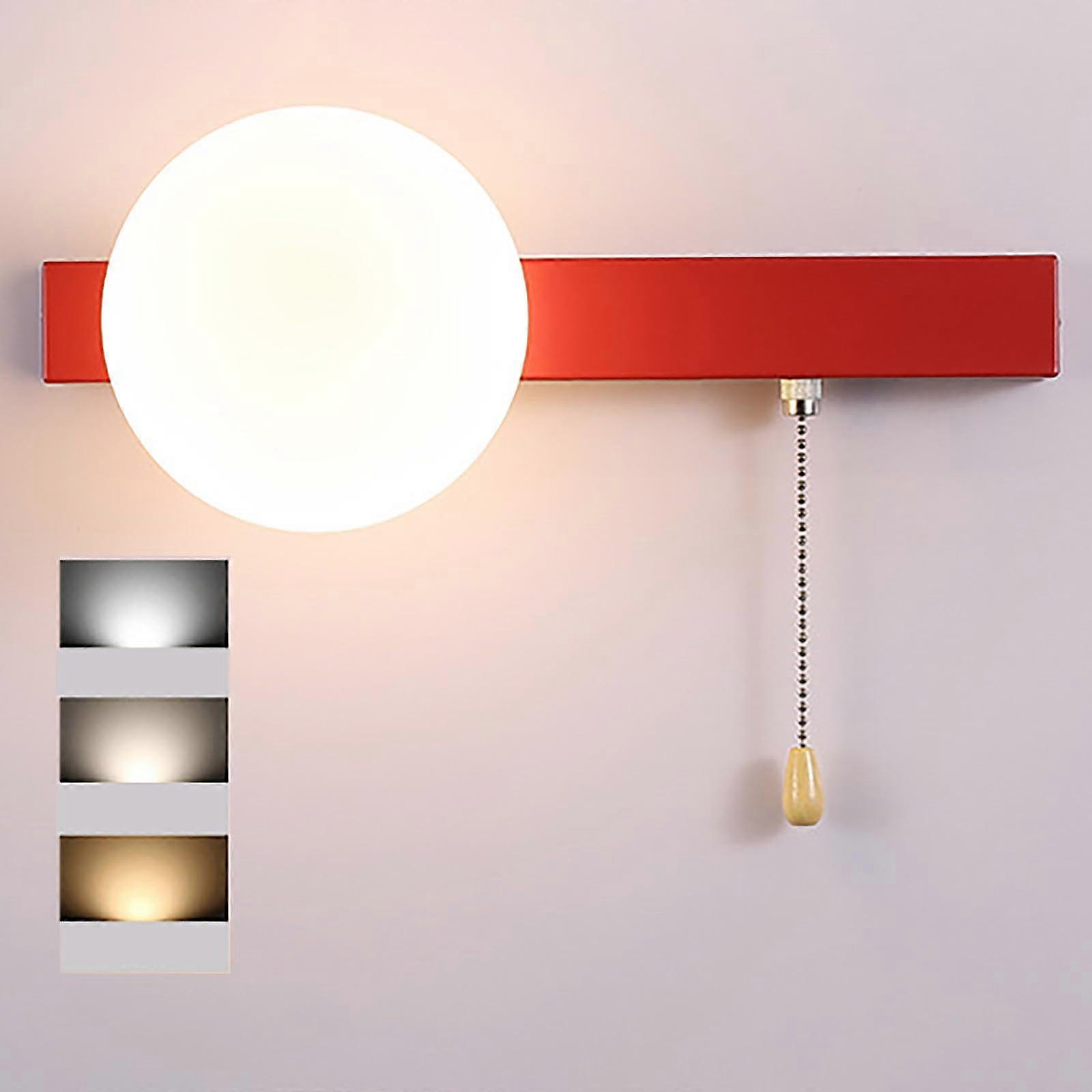 LED Wall Light 7W Three Colour Selectable 3000K 4500K 6000K with Pull Cord Switch Minimalist Indoor Reading Light Red