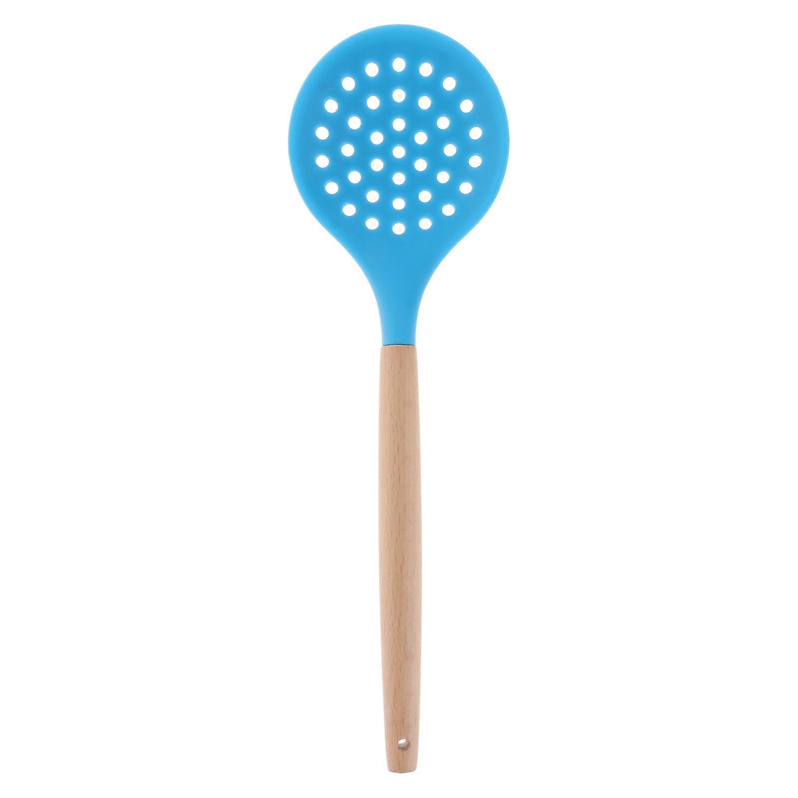 It seems you're describing a product listing for a **Silicone Slotted Spoon with Wood Handle**, likely intended for use in cooking, frying, and oil