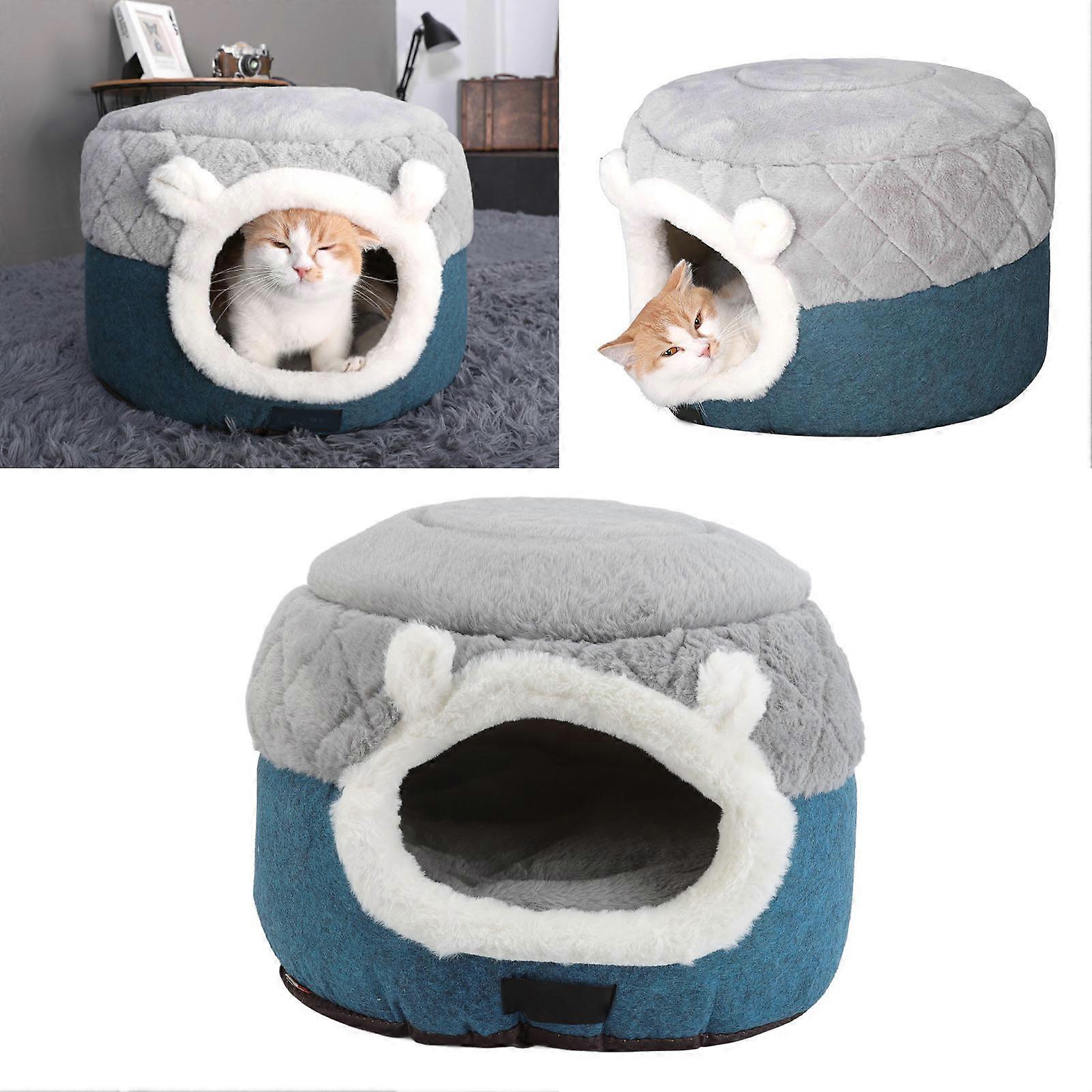 Cat Bed Cave Semi Cave Design All Seasons Comfortable Soft Warm Kitten Cave Bed for Cats Kittens Dual Use Quilted Warm Cat House Dark Green and Gray 