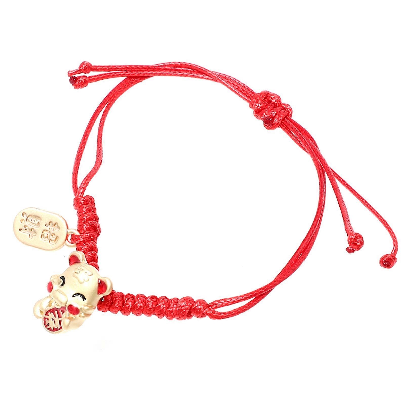 Red Braided Rope Bracelet for Decor with Tiger Charm Amulet Alloy and Wax Material Adjustable Size