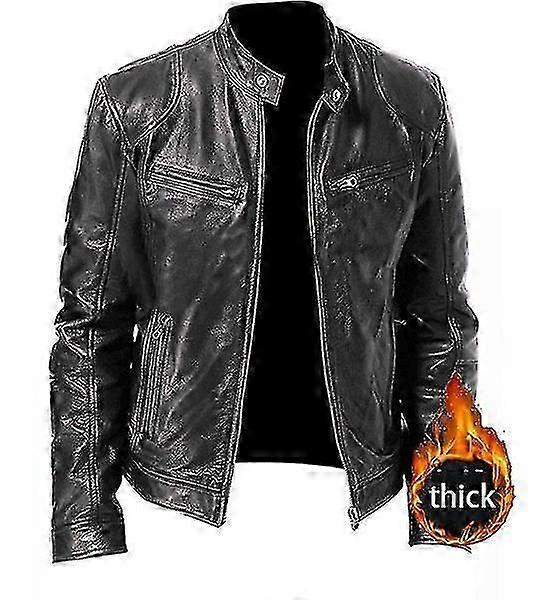 Slim-Fit Stand-Up Collar Men's Leather Motorcycle Jacket with Windproof and Zipper Closure