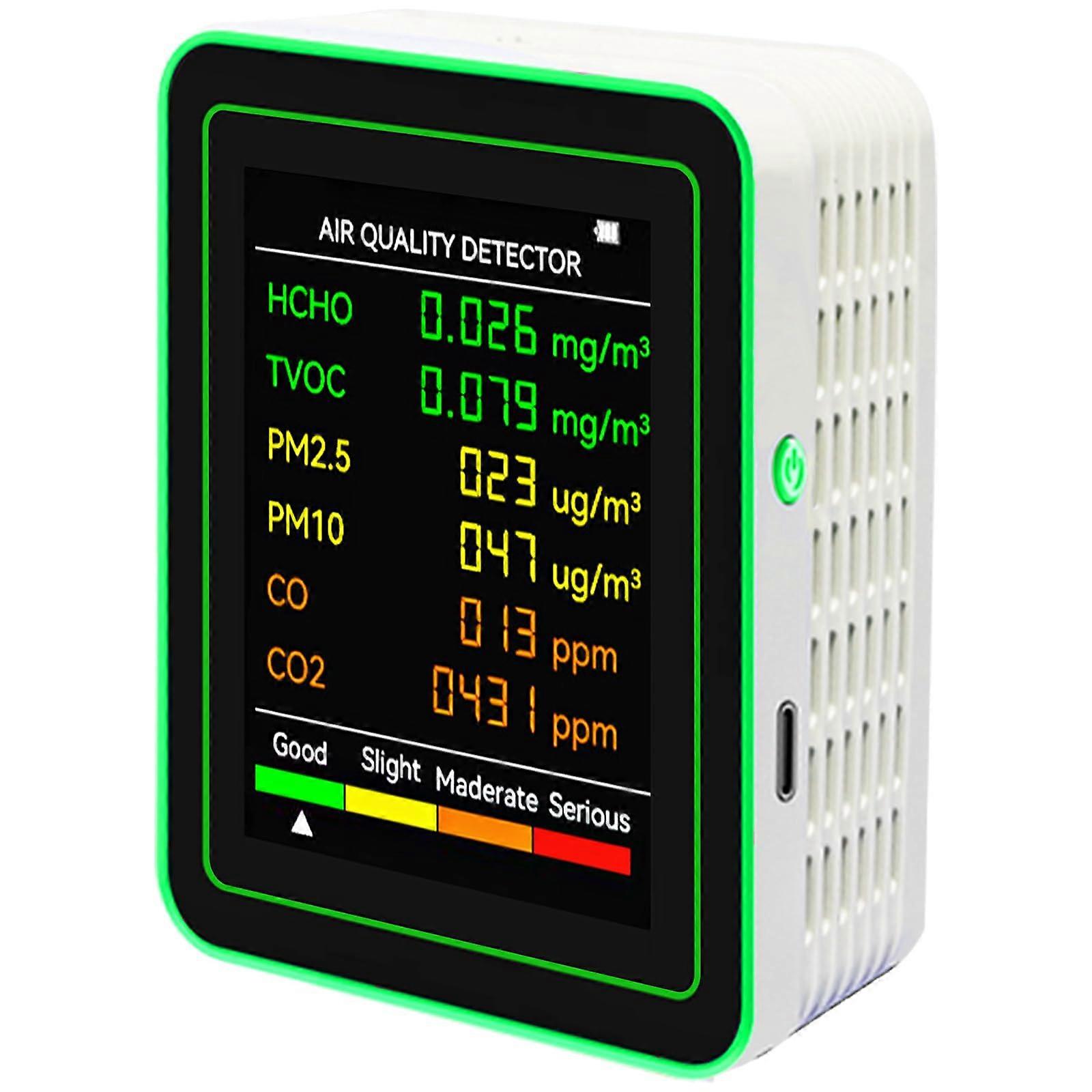 Easytouse home air quality testers provide realtime formaldehyde, CO2, temperature, humidity. Formaldehyde detectors in white plus green.