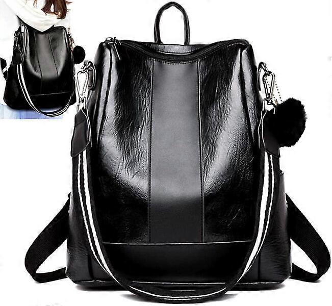 Ladies' black leather backpack with floral decoration and slightly rigid bottom