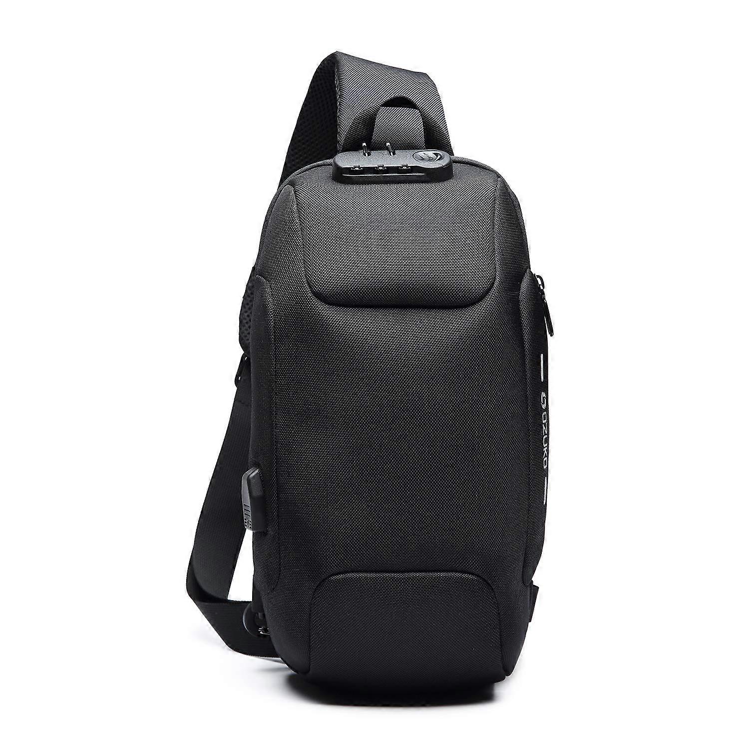 Men Sling Bag AntiTheft Crossbody Bag with Password Lock, USB, Reflective Stripe Black