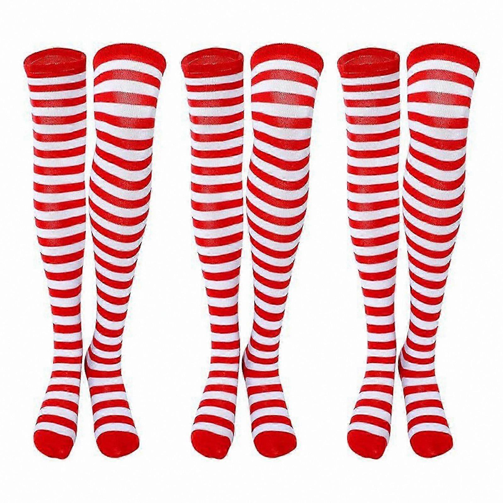 3 Pairs Green and White Striped Over-the-Knee Socks High Elasticity Anti-Slip Soft Breathable Holiday Christmas Stage Performance Stockings