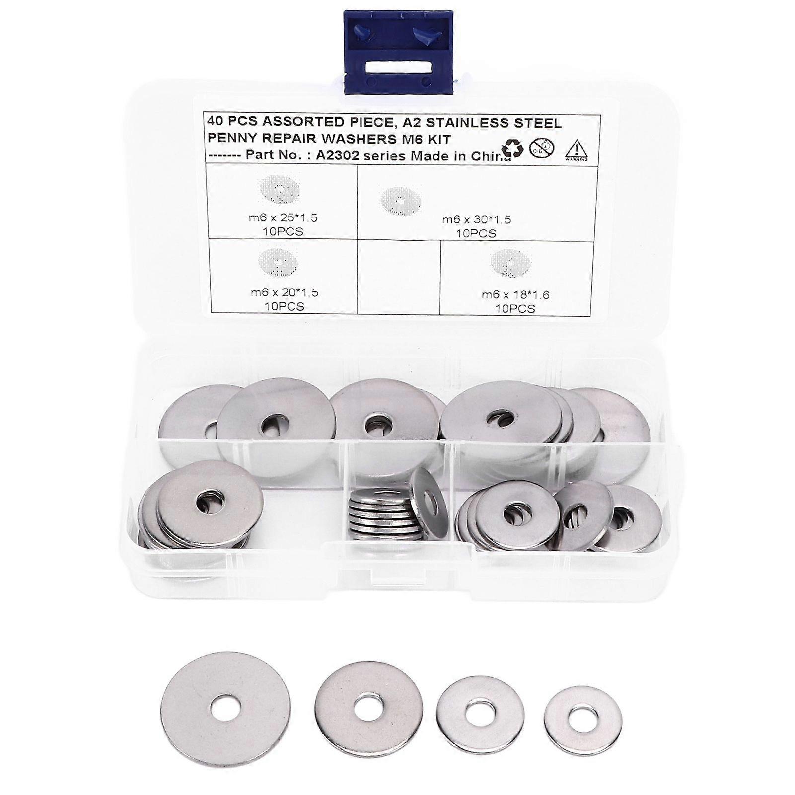 40pcs Mudguard Washer Assortment Kit 4 Sizes 304 Stainless Steel Universal M6 Mudguard Washers for Cars Marines