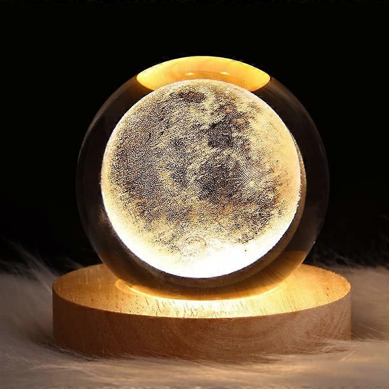 3D Moon Crystal Ball Night Light 6CM USB Powered Projection Lamp With Wooden Base