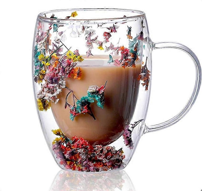 Double Wall Clear Glass Coffee Mugs with Handle - Insulated Floral Cups for Hot & Cold Drinks, Latte, Espresso, and Juice