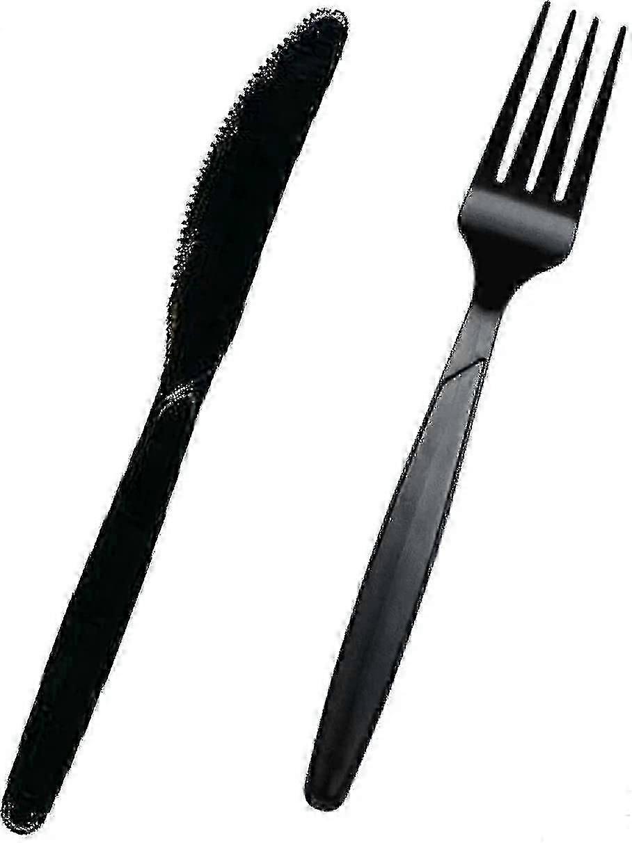 200 PCセットプレミアム品質ブラックプラスチックカトラリー|100フォーク+ 100ナイフ|パーティーのための再利用可能なヘビーデューティプラスチックカトラリー、毎日の食器ディナー