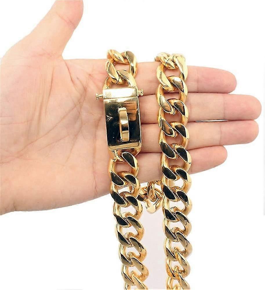 Gold Dog Chain Choke Collar,solid Cuban Link Strong, Heavy Duty Chew Resistant With Design Secure Buckle And Blank Bone Shape Id Tag
