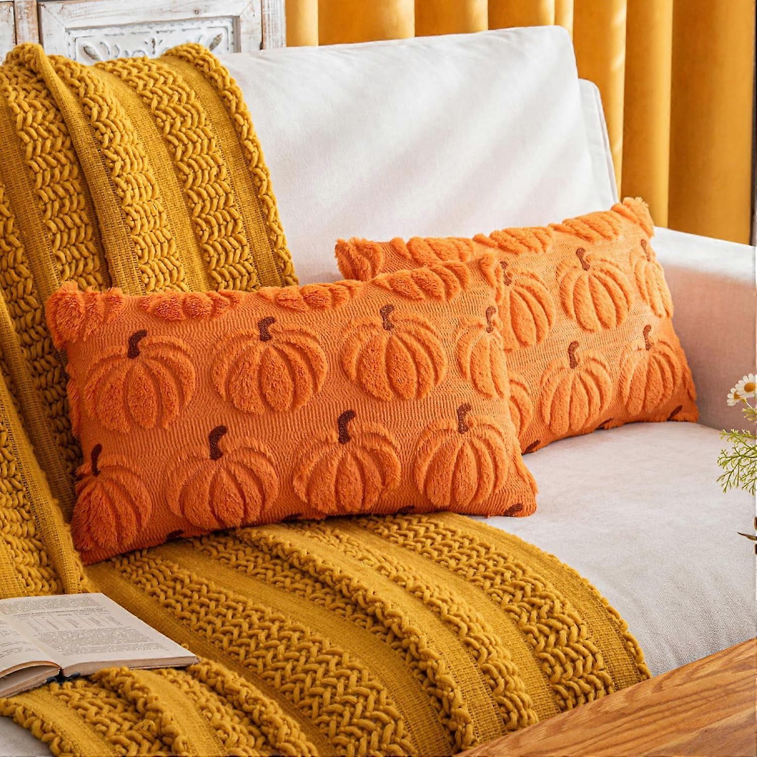 Pumpkin Fall Decorative Throw Pillow Covers 18"x18", Set of 2 Rust Red Soft Faux Fur for Autumn Harvest, Fluffy Plush Accent Pillow Cases