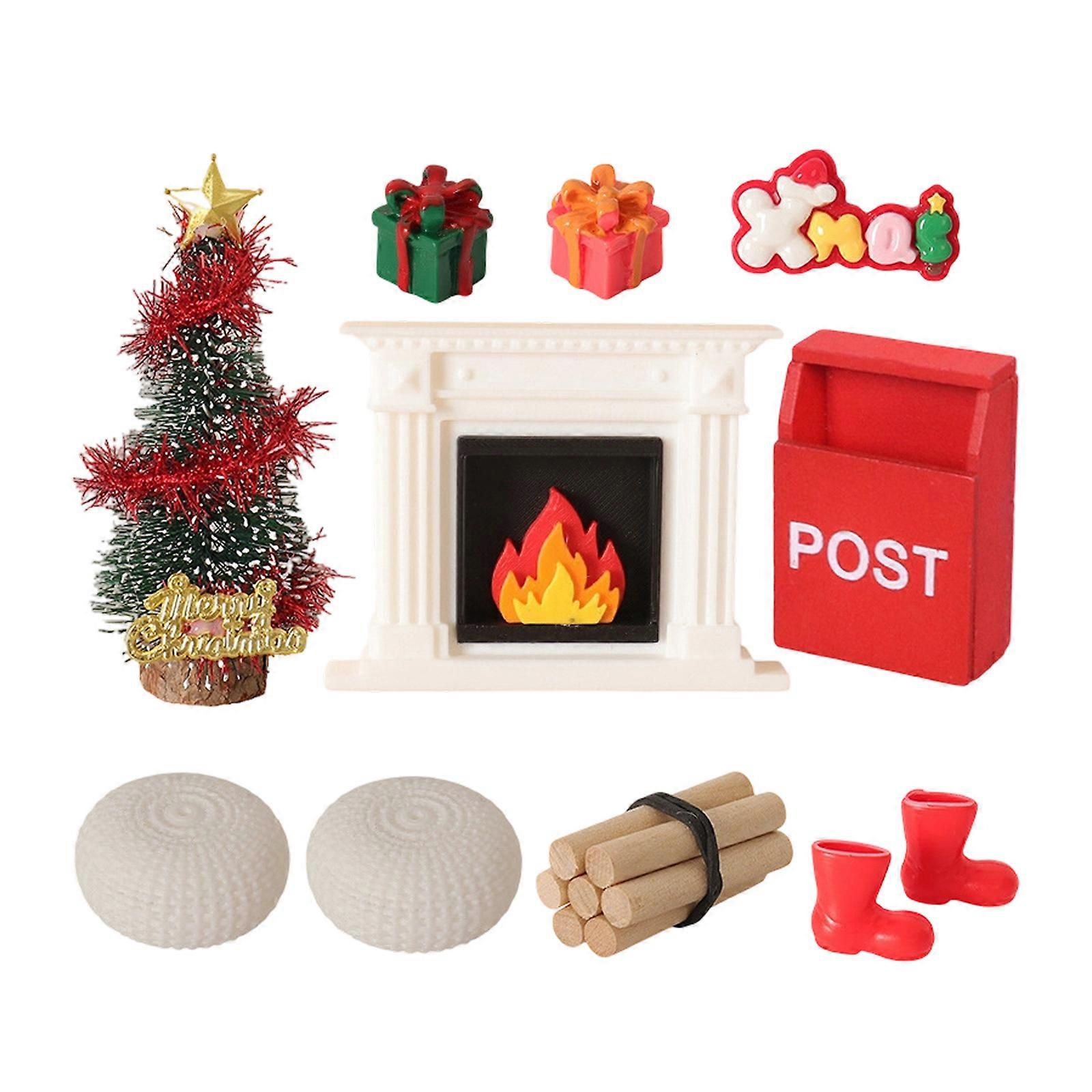 1/12 Christmas Scene Display Set with Miniature Pine Tree Fireplaces Mailbox Giftbox And Life Like Holiday Home Decors Multicolor
