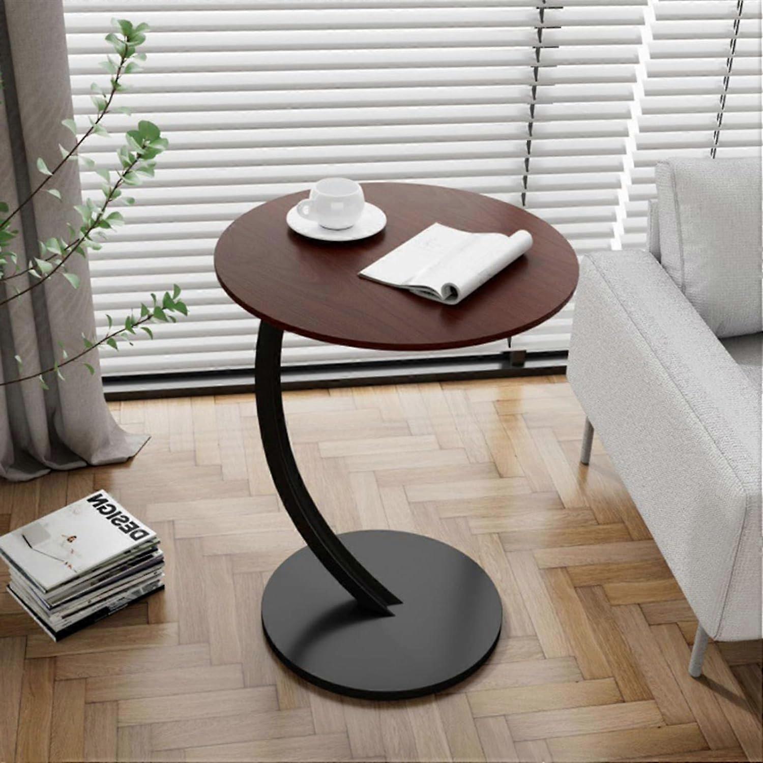 Round C Shape Side Table with Black Shelf, Walnut Finish, Space Saving Coffee Night Stand for Living Room or Bedroom