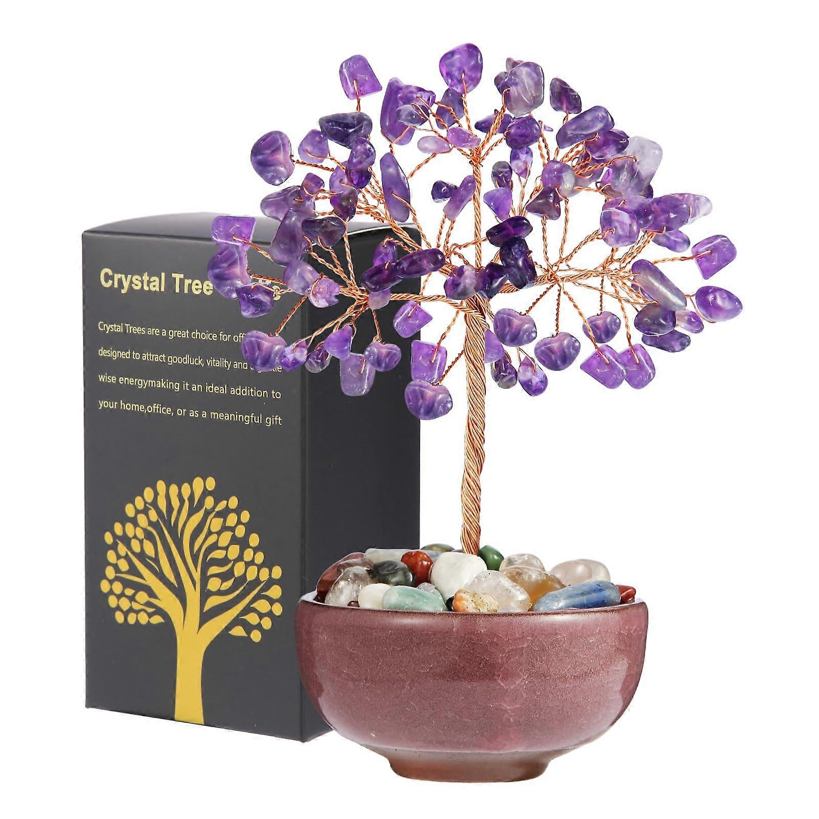 Amethyst Crystal Tree with Ceramic Base, Handcrafted Feng Shui Gemstone Decor for Positive Energy