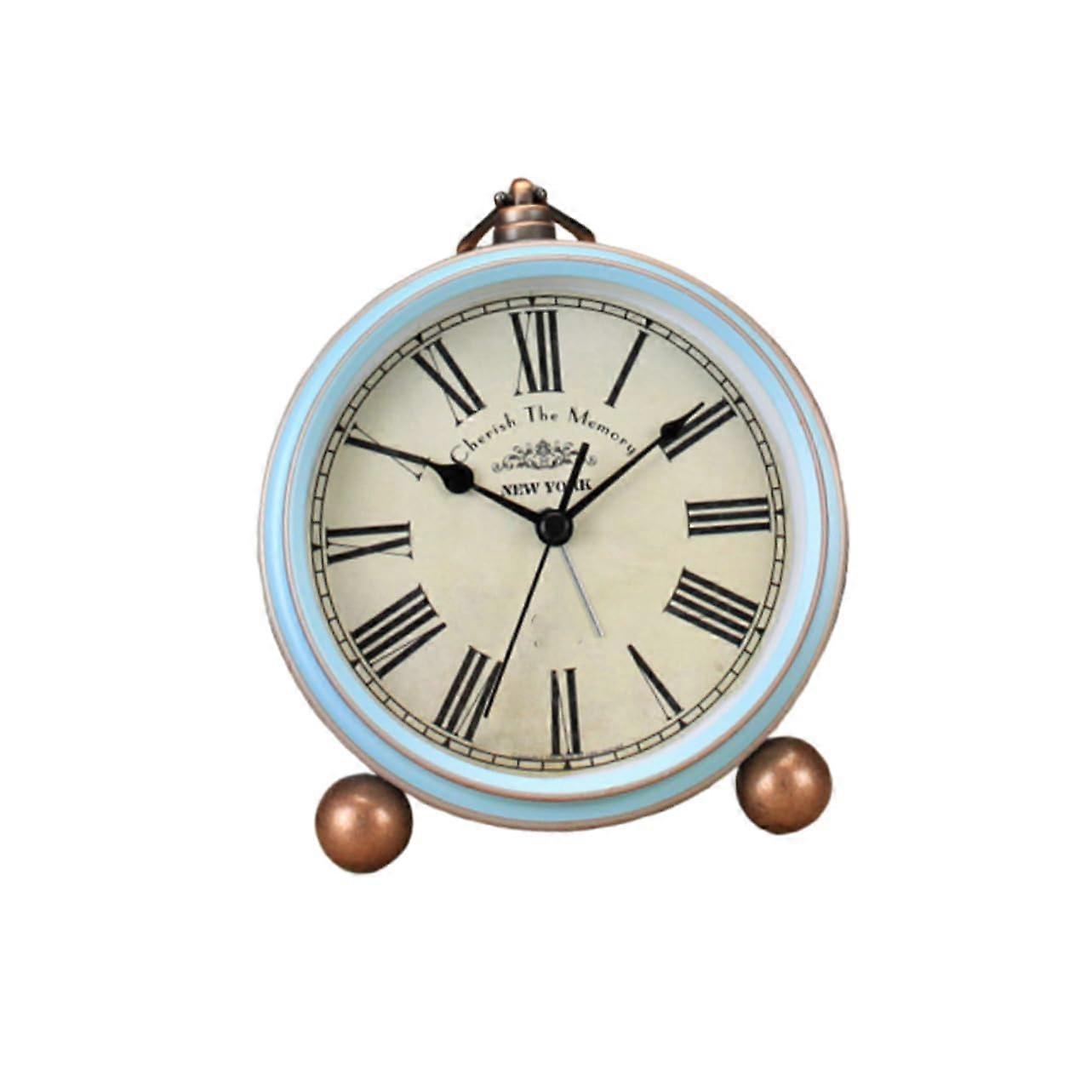 Retro Alarm Clock with Blue Roman Numerals, Vintage Table Design, NonBattery Gentle Wake Bell