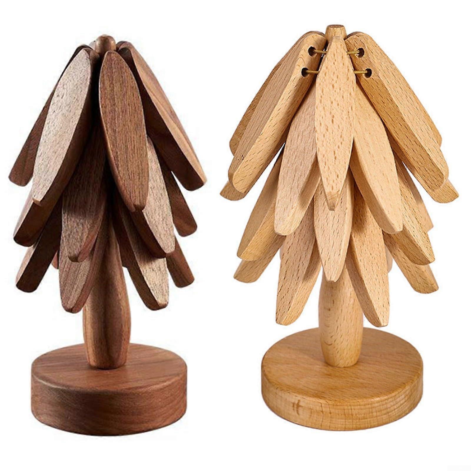 Wooden Trivets and Coasters Set Heat Resistant Foldable Tree Shape Pot Holders for Kitchen Dining