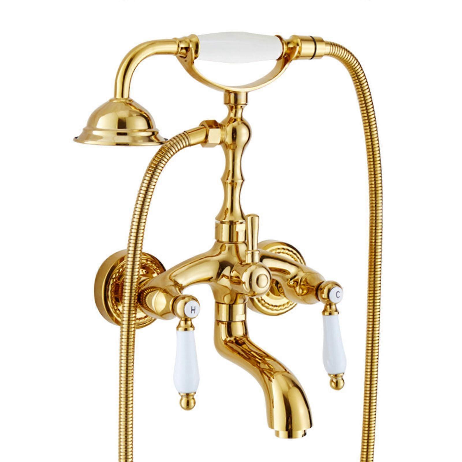 Vintage Bath Mixer Tap Gold Dual Handle Wall Mounted Shower Mixer with Diverter and 360° Spout