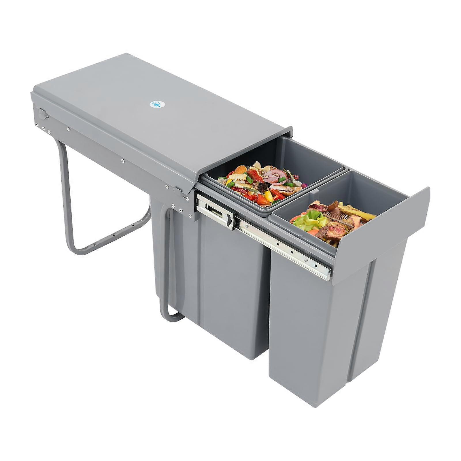 Dual Compartment Pull Out Under Cabinet Trash Can with Lid, 10L + 20L Grey Kitchen Garbage Bin