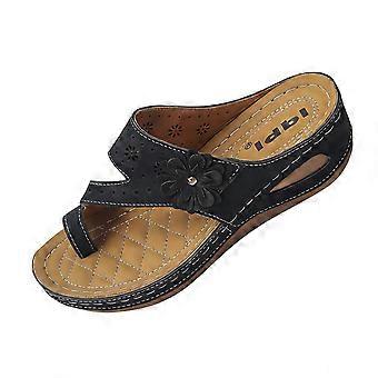 Sorte damesandaler med blomsterdekoration, afslappede slip-ons, kilehæl, komfortable, lette sommer- og strandsko, størrelse 41, 1 par 0,49 lbs