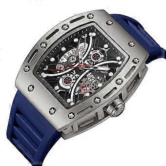 Men's Barrel Shaped Skeleton Watch Silver Case Navy Blue Silicone Strap For Daily Casual Sports Wear