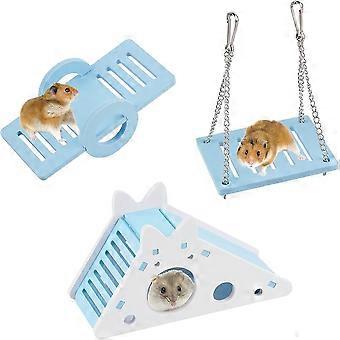 3-delige hamsterspeelset, ecologisch houten hamsterhuis met wip, schommel en schuilplaats voor hamsters, cavia's en muizen.
