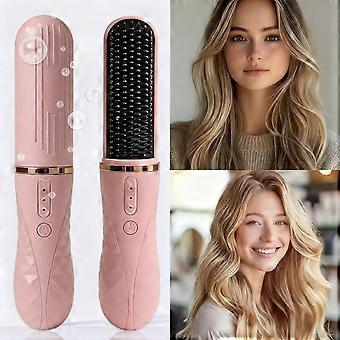Draadloze stijltangborstel, roze, snel opwarmend, USB-oplaadbaar, geschikt voor alle haartypes, hittebestendig ontwerp voor styling op reis