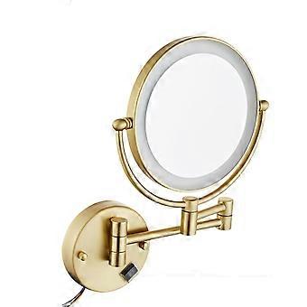 Espejo de maquillaje de pared de 8 pulgadas con luz LED y diseño giratorio de 360° en oro cepillado.