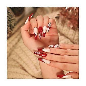 Christmas Long Coffin Press On Nails Set 24pcs Reusable Full Cover Fake Nails with 12 Sizes