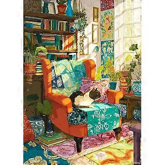 Cozy Room Jigsaw Puzzles for Adults Challenging Cat Bookshelf Living Room Scene Finishs ASL144