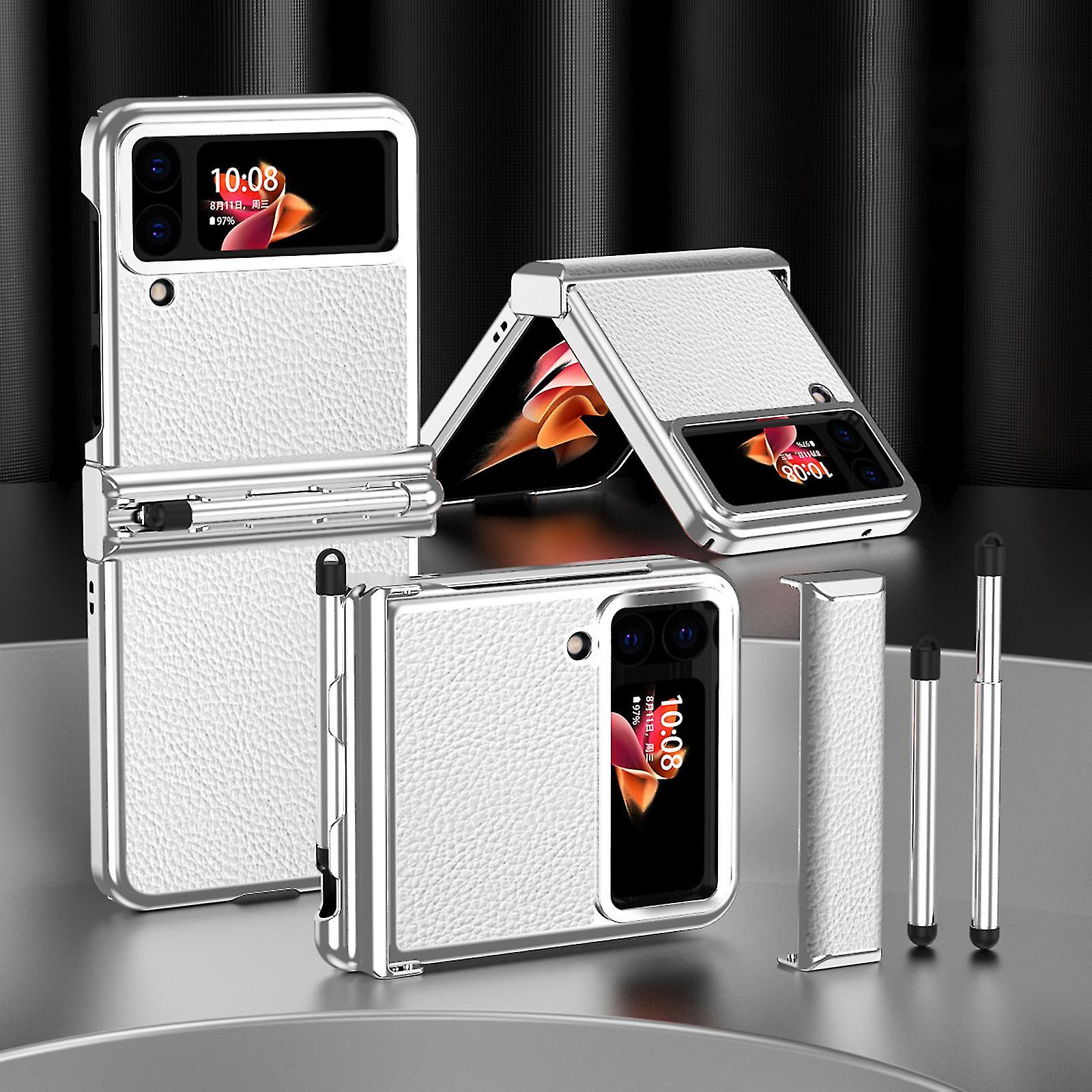 Plating Case Compatible With Samsung Galaxy Z Flip 4, Hard Pc+plain Leather Shockproof Cover With Hinge Pen