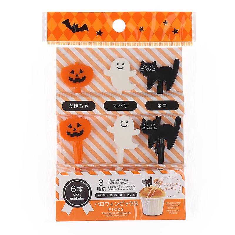 6pcs/set Mini Kids Halloween Fruit Fork Cartoon Snack Cake Dessert Food Toothpick