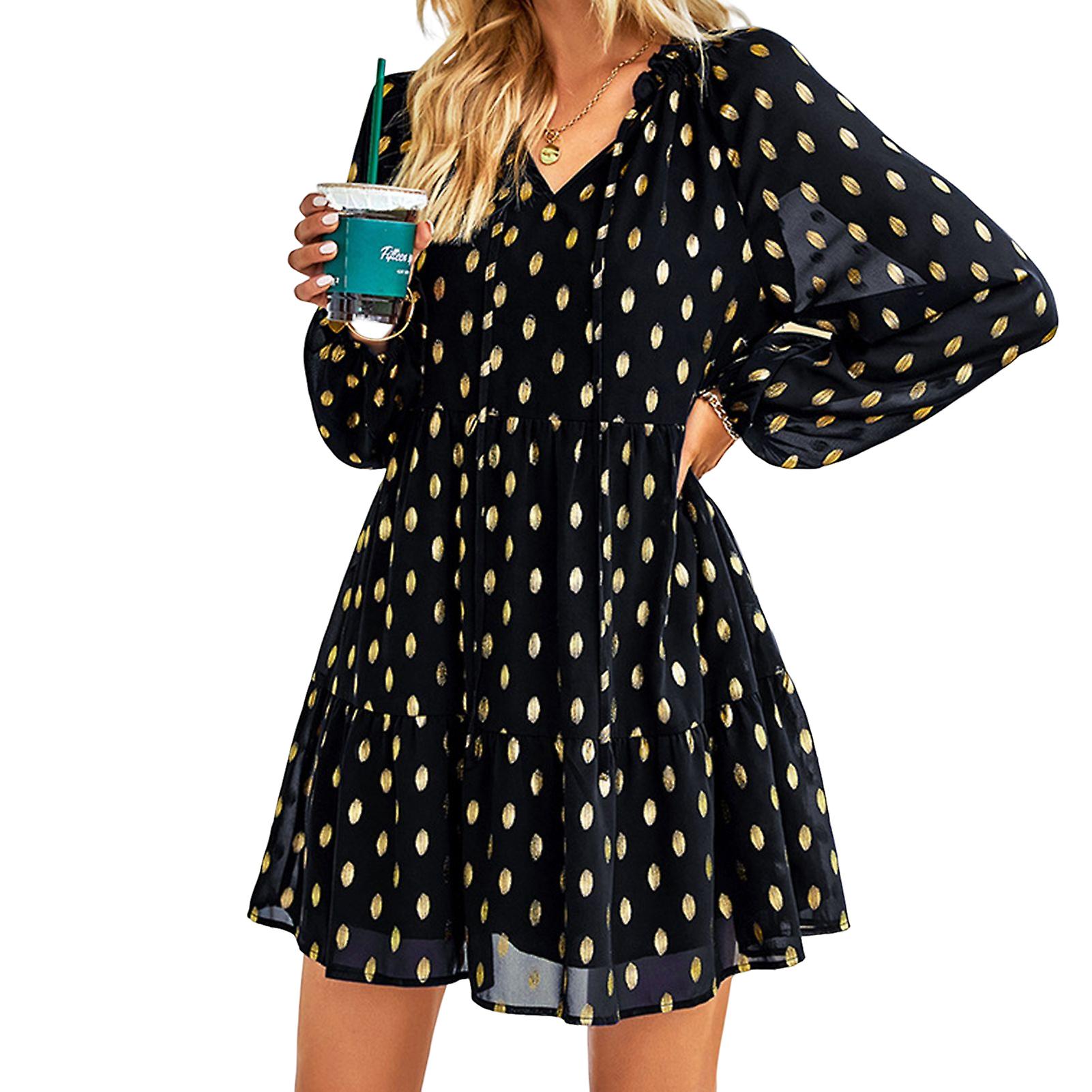 Langärmeliges Kleid mit V-Ausschnitt 3 Farbe Wählen Sie Schwarz Grün Dunkelgrün