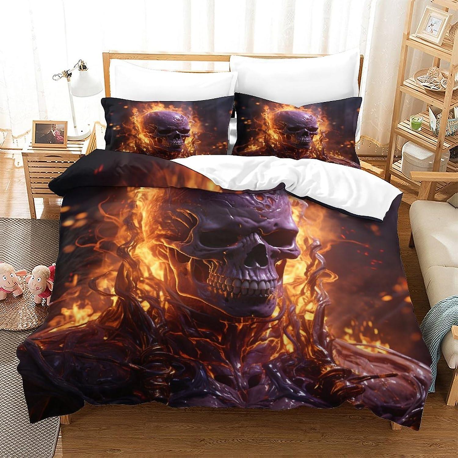 HOUKIG Flaming Skull Bedding Set 3 Piece Mystisk Trykt Microfiber Zip dynetrekk