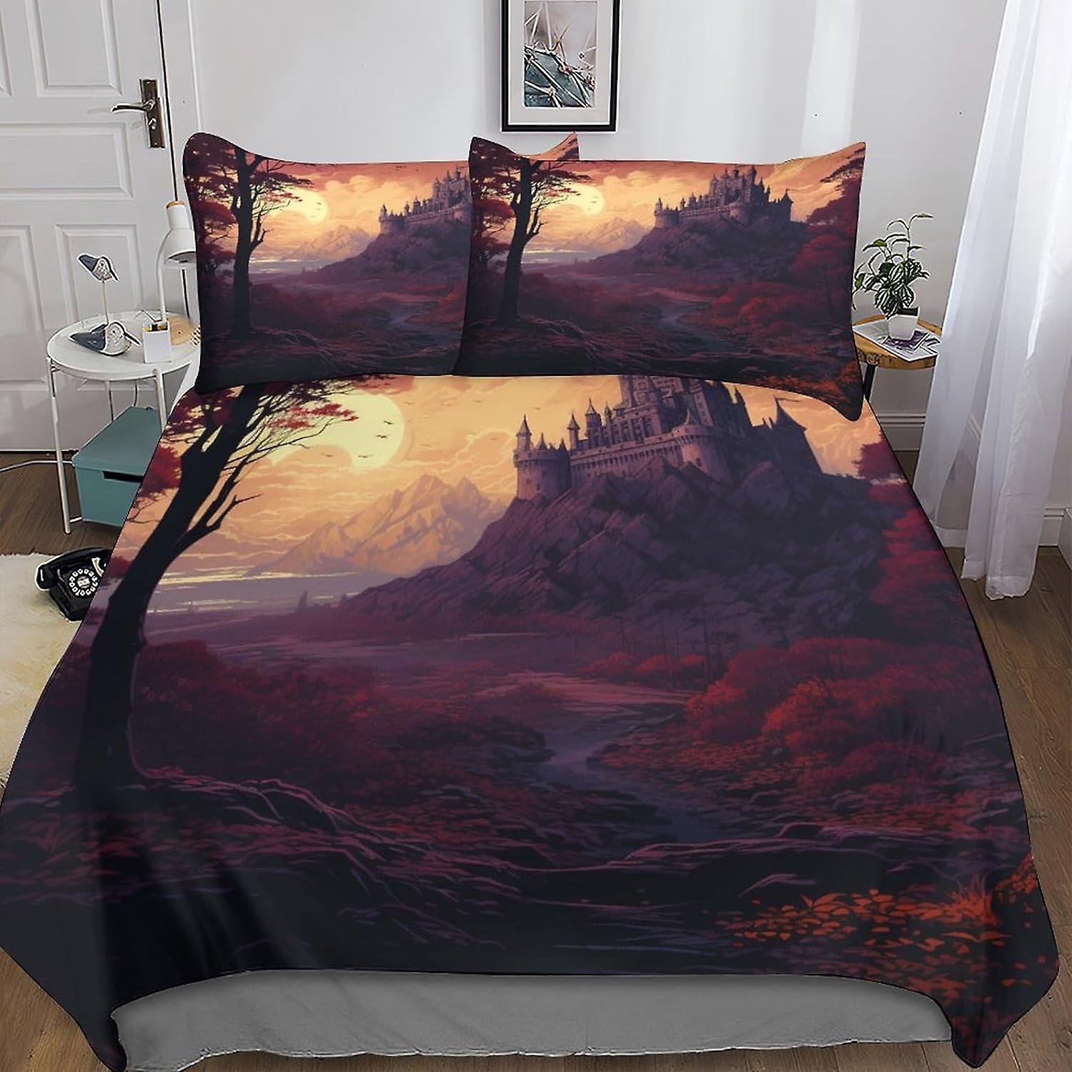 VCLUST Dark Castle Poszwa na kołdrę Zestaw pościeli z mikrofibry, druk 3D Straszna poszwa na kołdrę i poszewka na poduszkę, z zapięciem na zamek błyskawiczny, miękki dla mężczyzn Wom