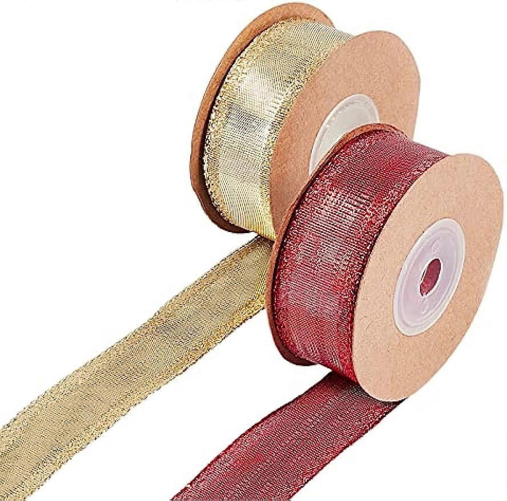 2 Rolls Metallic Ribbon Wired Gold Stripe Ribbon Sparkle Glitter Ribbons 1inch