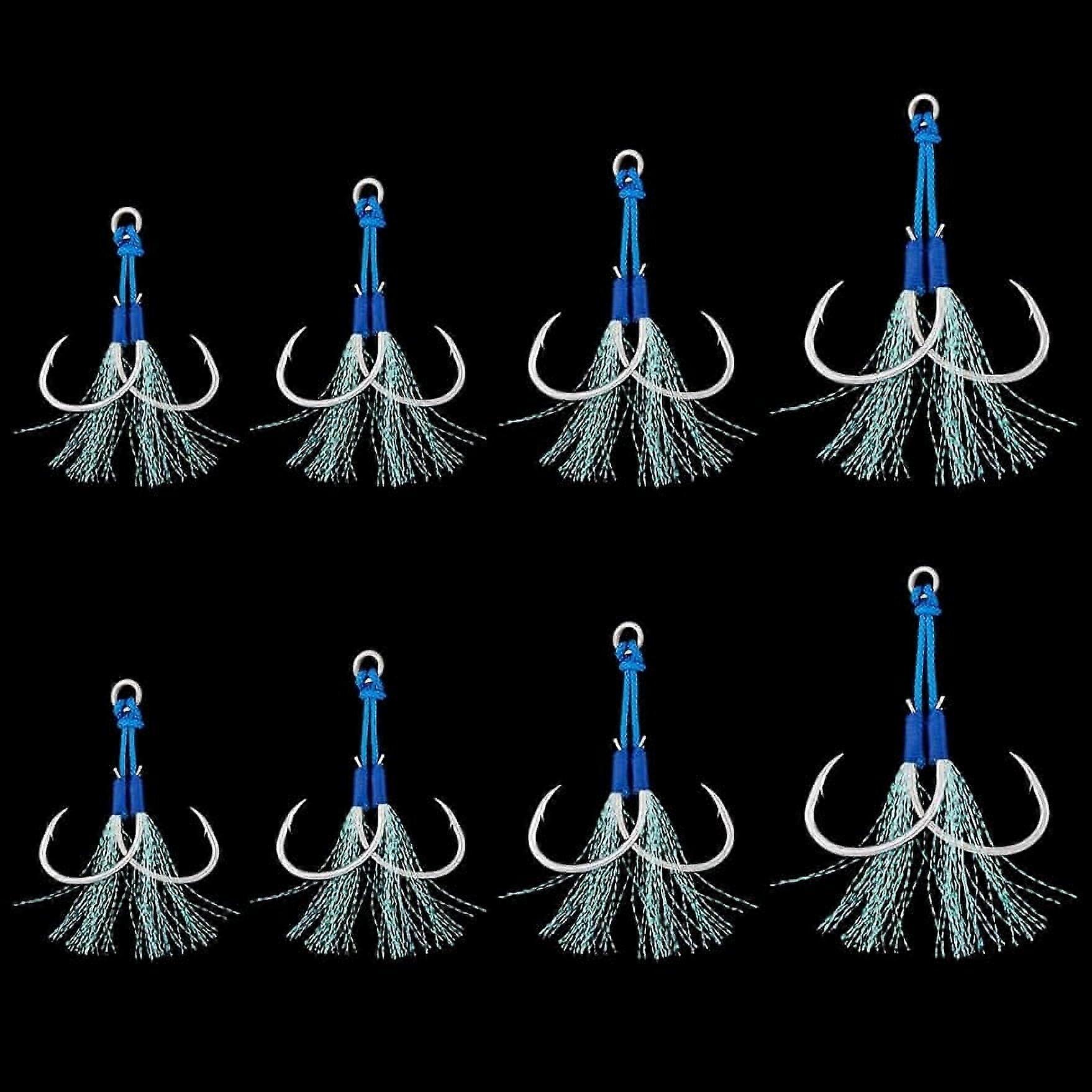 8pcs Double Fishing Assist Hooks Kit Blue Seal Slow Fast Fall Jigs Fishing Hook Sea Fishing Jigging Lures Hooks with Tassel for Vertical Jig Fish Equi